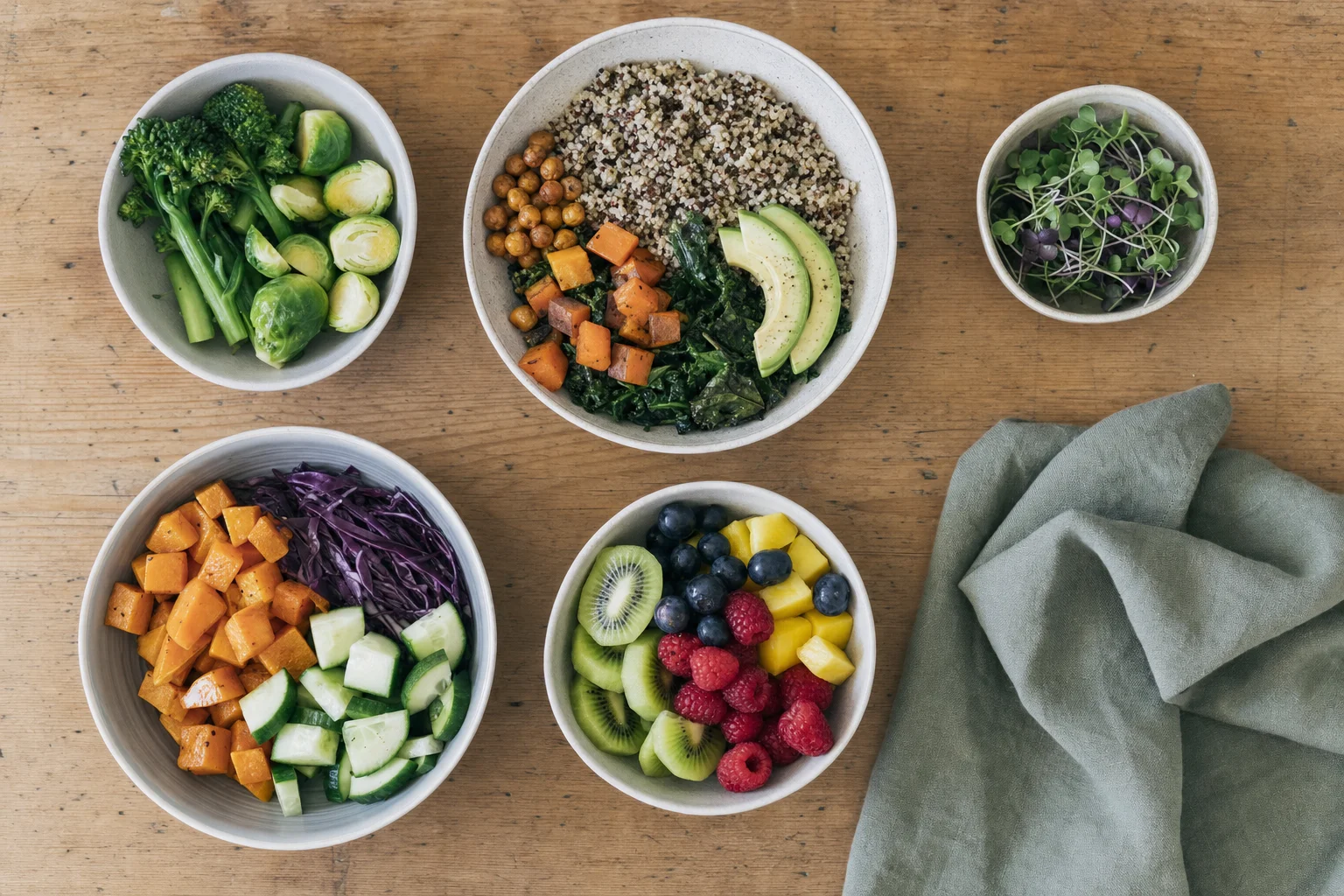 A weekly meal plan laid out beside fresh organic ingredients
